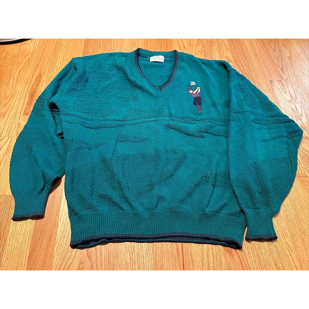 Pinnacle Mens XL Golf Embroidery Textured Mens Sweater Long Sleeve Green V Neck